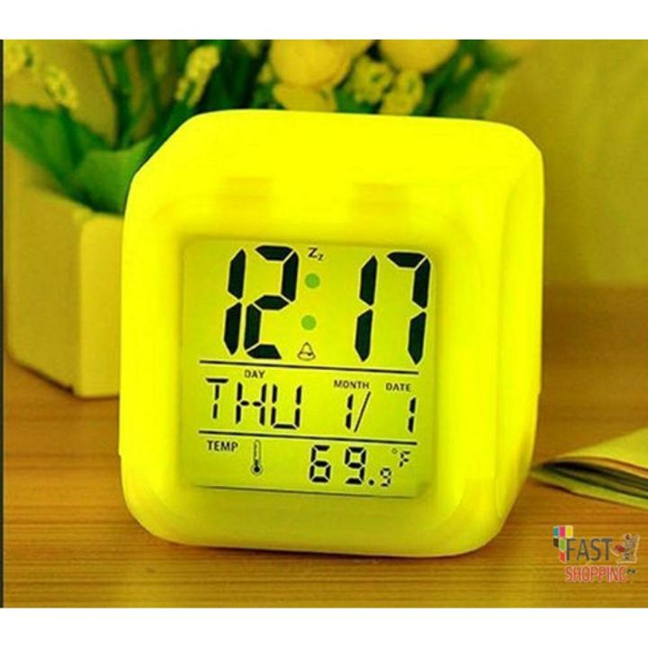 Digital Alarm Thermometer Night Glowing Cube 7 Colors Clock LED Change