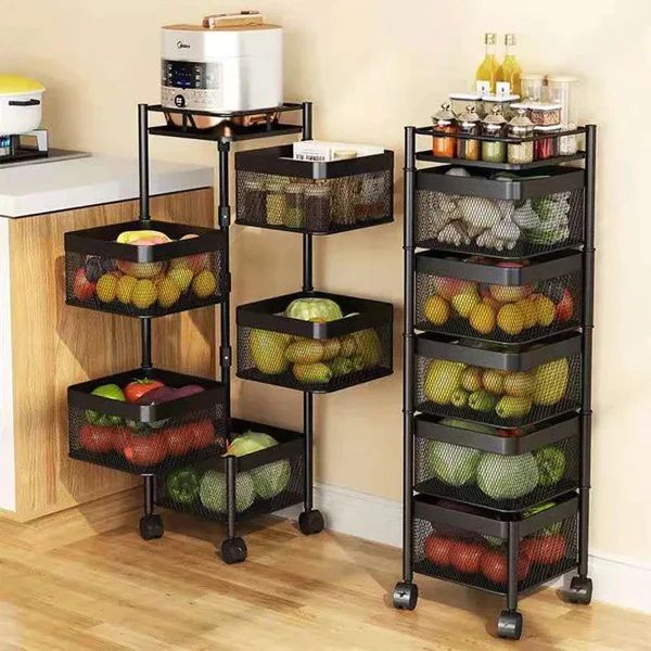 Dream Enterprises 4 & 5 Layer Round Rotating Fruits & Vegetables Storage Shelves Basket Rolling Rack with Breakable Wheels for Kitchen Bathroom Office