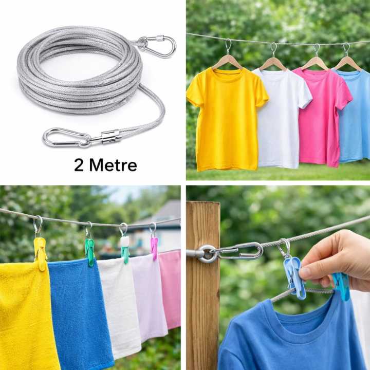 2 Meter Stainless Steel Clothesline Rope with Hooks Heavy Duty Strong ...