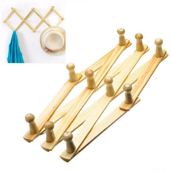 Expandable Wooden Wall Hooks, Wall Mounted Hangers 10 Hooks Stretch Folding Clothing Hats Racks Folding Hanger
