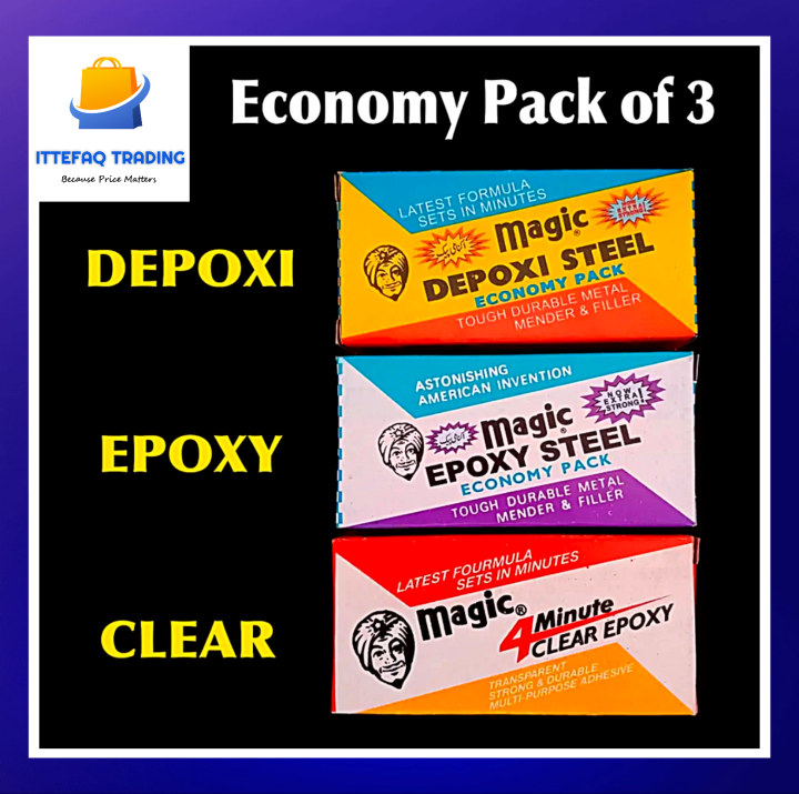 3Pcs Magic Depoxi Steel, Magic Epoxy Steel & Magic 4 Minutes Clear Epoxy Economy Pack