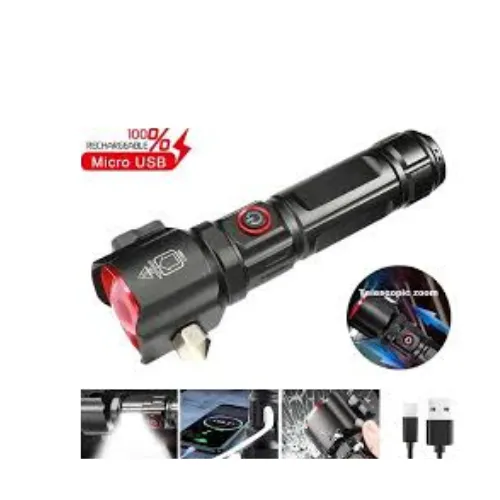 Rechargeable LED 5 In 1 FlashLight Torch High Lumens,Best Bright Flashlight With 5 Modes And Waterproof.1 kilo meter range ,3 led mode zoom out,full metal,lamp Feature.cutter and glass breaker, and type c charimg.power bank Work.