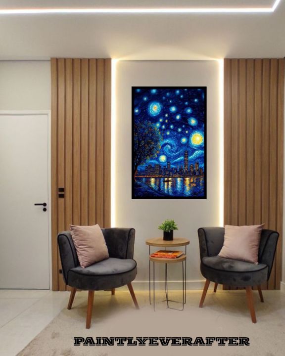 Starry Night City Wall Art Frame – Modern Aesthetic Art for Living Room ...