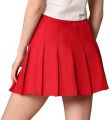 Women's High Waisted Pleated Skirt Casual Dress, School Uniform, Red Cotton Polyester Material, Side Zipper, Non Stretchable, Machine Washable. 