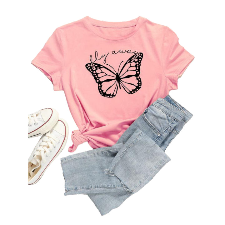 T Shirt stylish new Design print Butterfly tee shirt round neck half sleeves shirt for women n girls