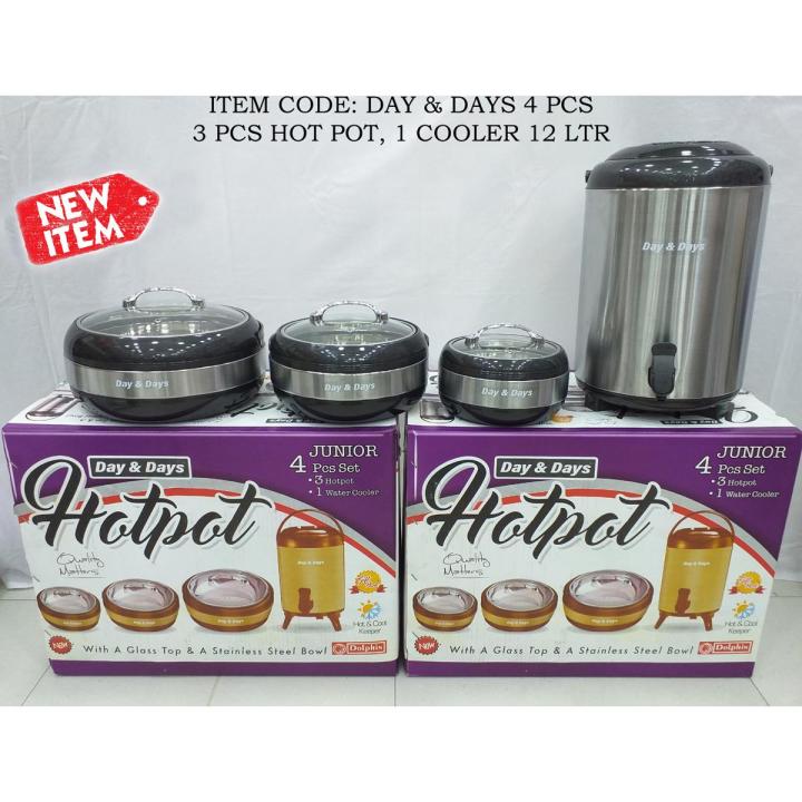 4 Pcs Dynasty Hot Pot Set Stainless Steel Inner Bowl - Glass Lid - Water Cooler 12 Litre