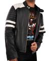 Men's Black With White Stripes Biker Fight Club Faux Leather Jacket. 