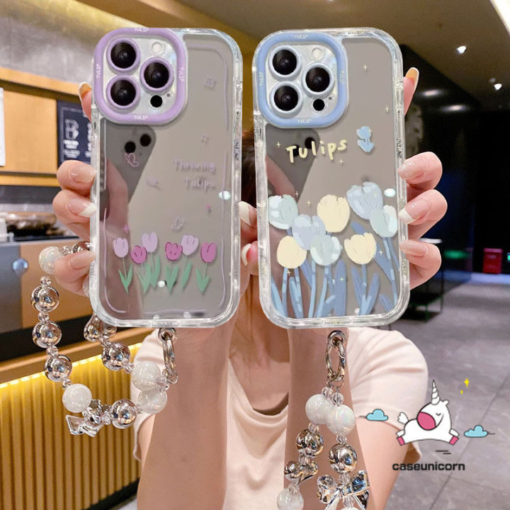 Art Tag Romantic Gradient Flowers Cover Compatible For IPhone 7Plus 14 15 12 11 13 Pro Max XR 8 7 15 Plus X XS Max SE 2020 Fashion Cartoon Tulip Luxury Make Up Mirror Bracelet Case