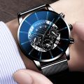 Geneva Watch Men's Fashion Business Calendar Watches Blue Stainless Steel Mesh Belt Analog Quartz Wristwatch Jam Tangan. 