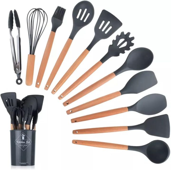 12 Pcs Silicone Cooking Utensils Kitchen Utensil Set Heat Resistant Non-Toxic BPA Free Spatula Set with Turner Tongs,Spoon,Brush,Whisk-Wooden Handles Kitchen Gadgets Tools Set for Nonstick Cookware