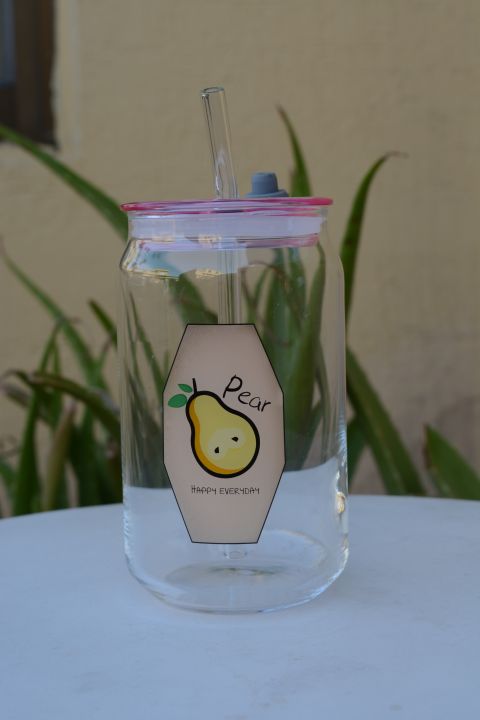 Premium Quality Transparent 540 ml Reusable Printed Glass Tumbler with Lid And Glass Straw, Glass Sipper with Glass Lid and Glass Straw, Glass Cup, Cute Glass Tumbler for juice, iced, bubble & pearl tea, coffee, cold coffee, smoothie, milk & other drinks