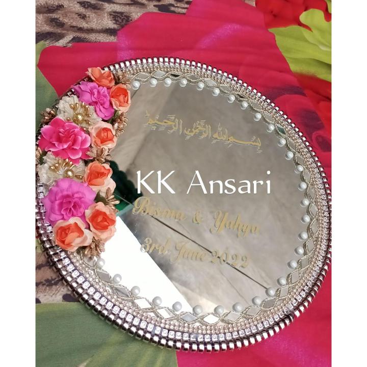 Mirror tray for engagement rings and nikah pens. nikkah accessories and nikkah gift