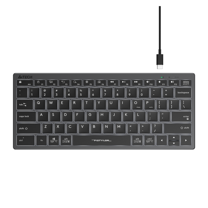 A4Tech FX61 Scissor Switch Compact Keyboard USB - Grey (White Backlit) - Scissor Switch Keys - Illuminated Backlit