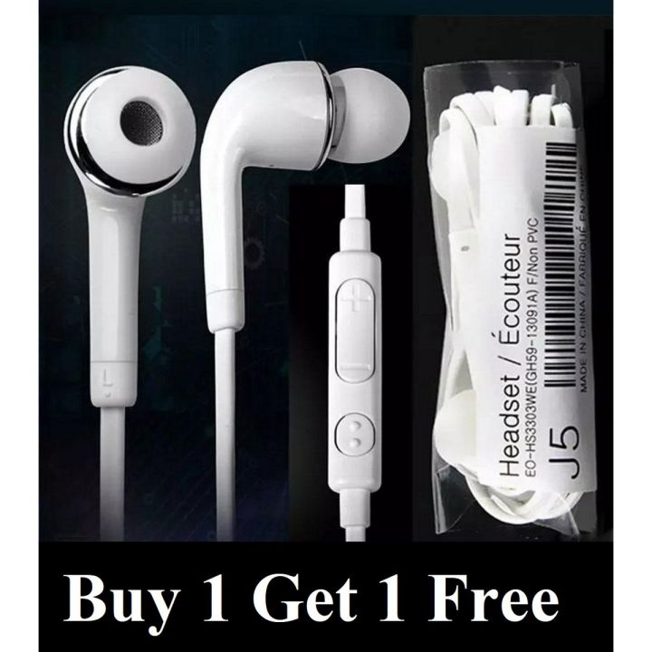 (Buy 1 Get 1 Free) J5 High Quality Stereo Sound In-ear Headphones 3.5mm Wired Earphones Cable Headsets with Mic Earbuds for Mobile Phone