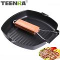 Non-Stick Square Grill Pan with Foldable Wooden Handle Size 24 x 28 cm. 