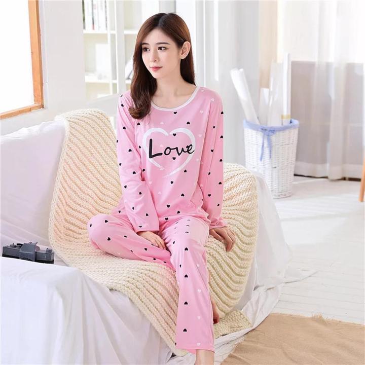 Pink Love Heart Printed Design Full Sleeves Round Neck Night Suit For Girls Womens Ladies (SN-06)