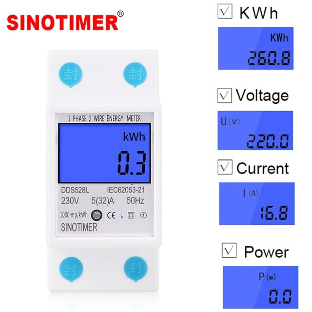 Single Phase Digital Display Energy Meter DDS528L Din Rail, Display Power KWh, Energy KW, Volt V Ampere A