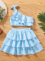 Kids Girl Summer Skirt Outfit Solid Color One Shoulder Sleeveless Ruffled Crop Tops and Stretch Casual Layered Skirt Set. 