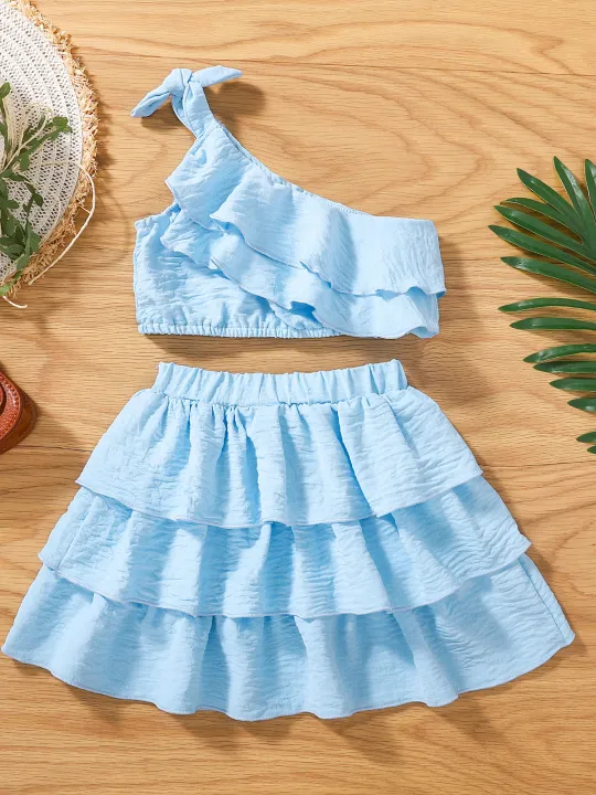 Kids%20Girl%20Summer%20Skirt%20Outfit%20Solid%20Color%20One%20Shoulder%20Sleeveless%20Ruffled%20Crop%20Tops%20and%20Stretch%20Casual%20Layered%20Skirt%20Set%20-%20Image%208