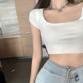 Women Short Sleeve Crop Tops Solid Color Low-Cut Square Neck T-Shirt Summer Casual Tight-Fitting Slimming Shirt. 