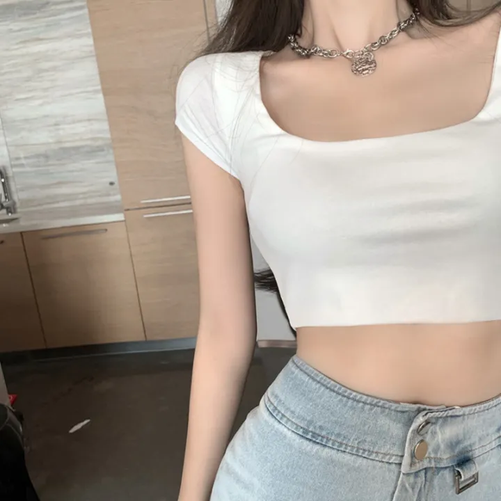 Women%20Short%20Sleeve%20Crop%20Tops%20Solid%20Color%20Low-Cut%20Square%20Neck%20T-Shirt%20Summer%20Casual%20Tight-Fitting%20Slimming%20Shirt%20-%20Image%203