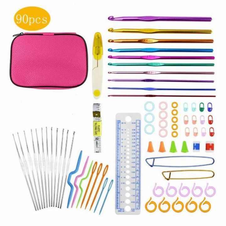 90pcs Crochet Hooks Set Aluminum Knitting Needles Yarn Craft Kit Knitting Accessories with Pink Case For Women Gift