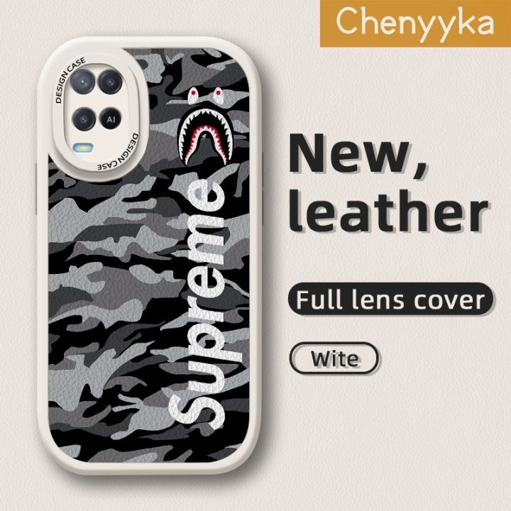 chenyyka For OPPO A54 2021 4G Case Fashion Cool Brand Thin Leather Soft Silicone Full Lens Cover Camera Protect Cases Shockproof Back Cover Casing Softcase