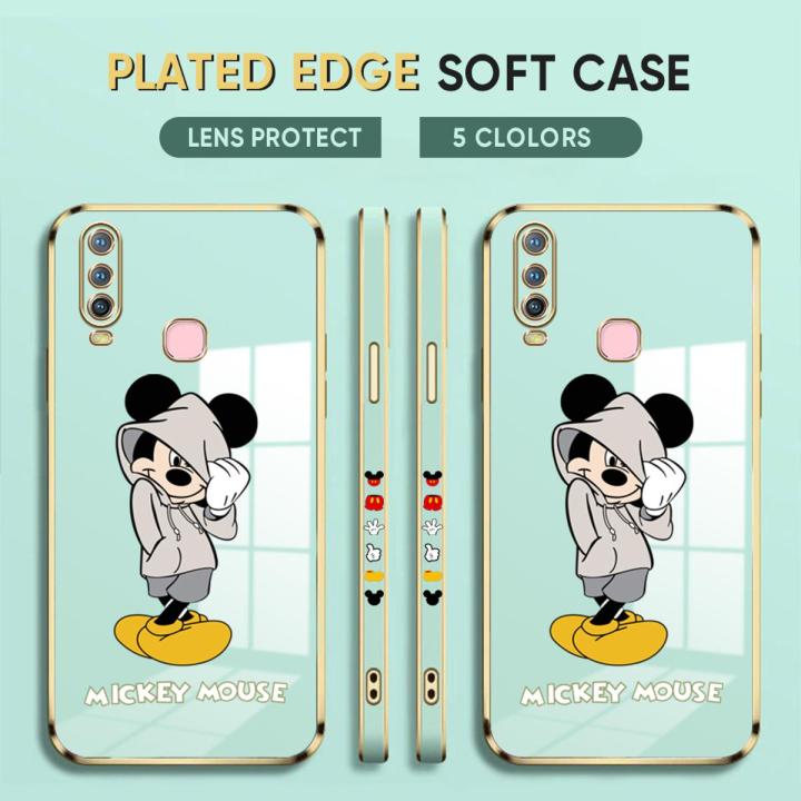 (Free Lanyard) Luxury 6D Plating Case for Vivo Y17 Phone Cases Cartoon Cool Mouse Side Print Soft Silicone Square Back Cover