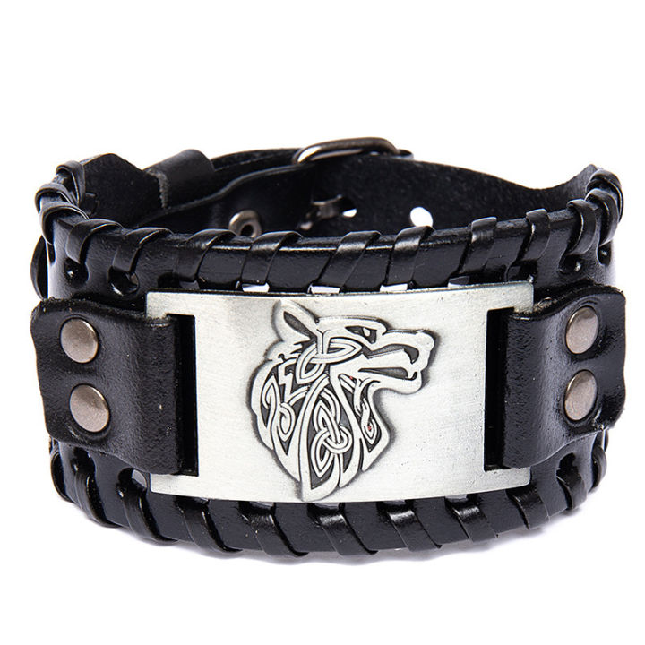 Punk Wolf Head Biker Leather Bracelet - Adjustable PU Leather Wristband For Men And Boys - Skull Alloy Buckle