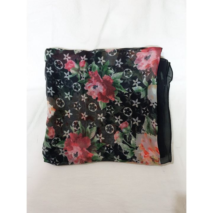 Printed Silk Rectangular Hijab Scarf - Black Floral Design