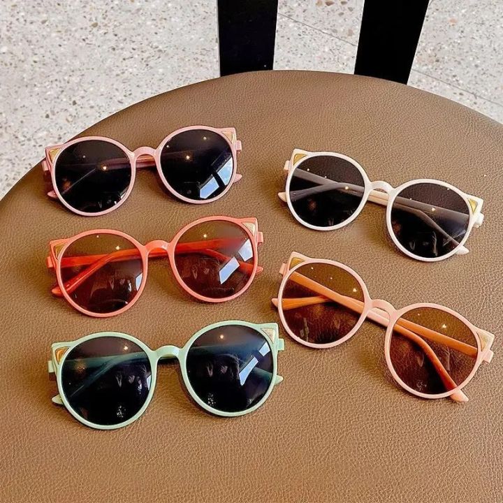 Fashionable Trendy Cat Ear Sunglasses for Kids Children Round Frame UV Protection Sun Glasses Boys Girls Summer Outdoor Eyewear