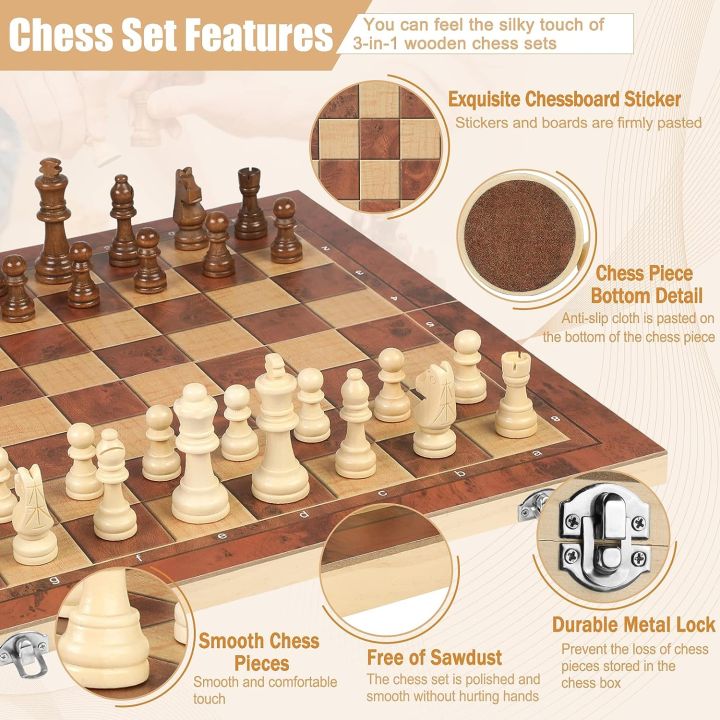 Wooden Chess Set Checkers Backgammon 3 in 1 Board Games for Adults & Kids