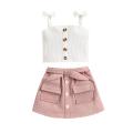 2PCS Toddler Girls Summer Clothes, Bow Strap Ribbed Knit Tank Tops + Belted Skirt Set. 