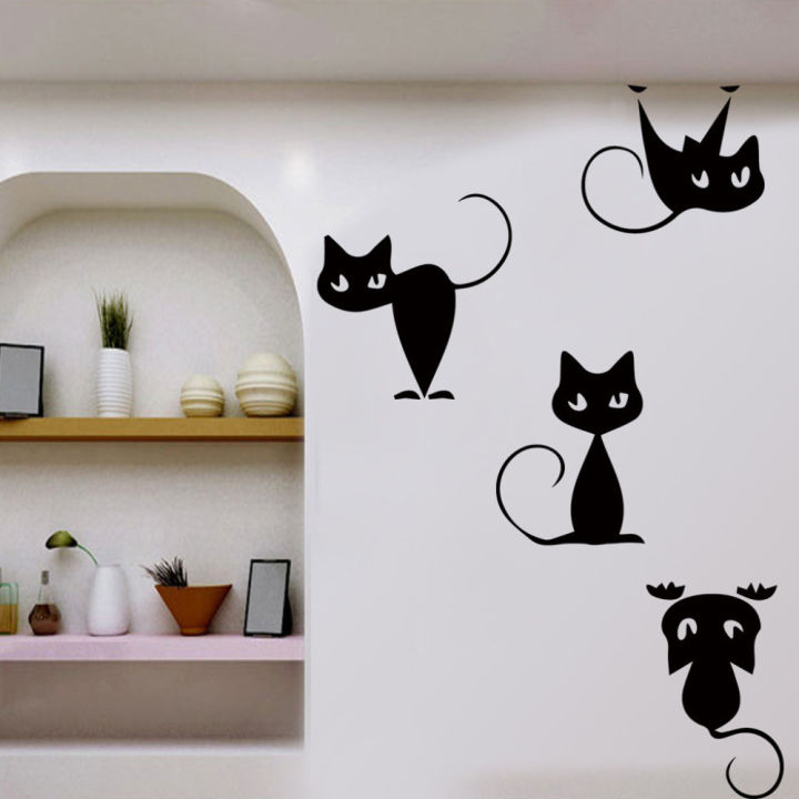 sheet size- 2 x 1 Feet - 4 Cats cute pet animal Group nature self adhesive Wall stickers , decal, vinyl for kids, girls, bedroom, cupboard,  room, home decor lovers - Black color