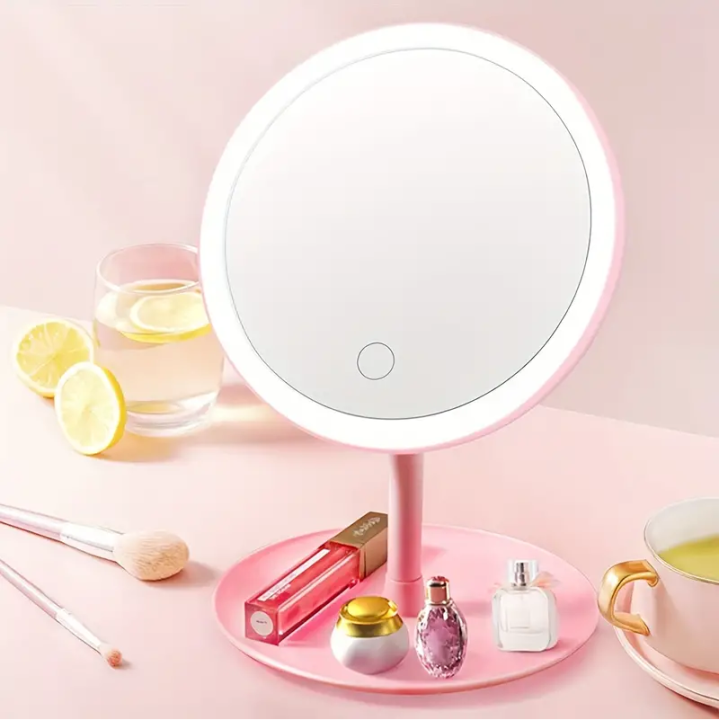 Pink LED Light Makeup Mirror Re-chargeable Vanity Mirror with Detachable Storage Tray 3 Level of Brightness Touch Screen