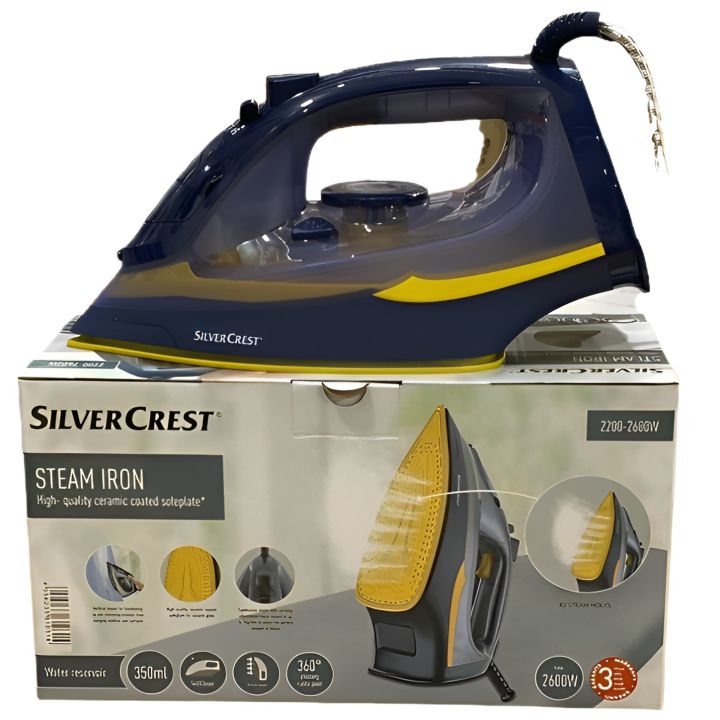 Orignal Silver Crest Ceramic Non Stick Soleplate Professional Liquid Commercial Electric Steam Iron for Clothes 400 Micro Steam Holes Cotton Wool Poly Silk Linen Nylon 2200 to 2600 Watts Portable Ironing Garment Steamer Water Capacity 250 Quick Heating