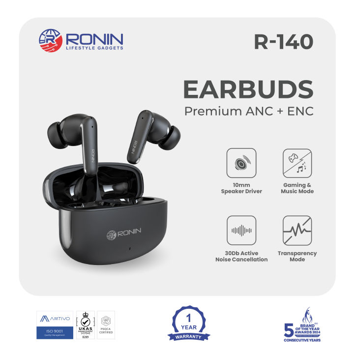 Ronin R-140 ANC & ENC Earbuds, 500mAh Battery with AI Voice Assistant, Gaming Mode, High-Performance Quad Mic Setup, Hands-Free Calling & Long Battery, Clear Sound, Pure Silence