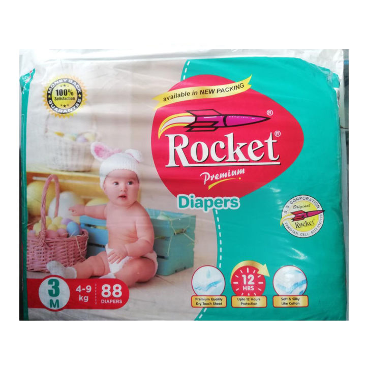 Rocket Premium Diapers Mega Pack (SIze-3 Medium 4-9KG) 88-Pcs pack
