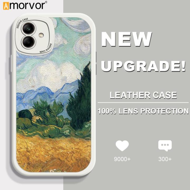 AMORVOR for Samsung A04 Back Cover Oil Painting PU Leather Case Soft Silicone Edge Mobile Cover