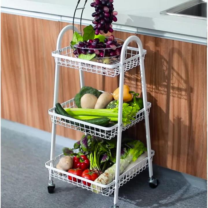 Kitchen Vegetable Fruit Utensils Storage Trolley 3-Tier Metal Serving Rolling Cart, Mobile Rack Organizer with Locking Wheels, Standing Shelf for Home Kitchen