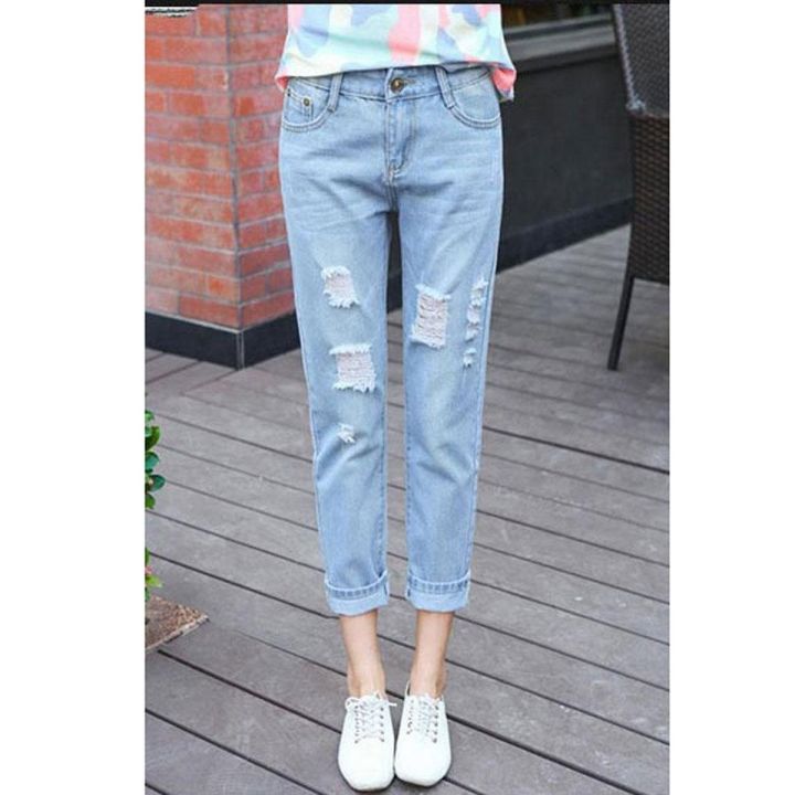 Korean style ripped nine-point jeans women's trousers mid-waist 9-point student casual straight-leg pants