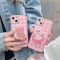 Korean Cute Cartoon Bear Pink Lattice Phone Case For iPhone 13 12 11 Pro XS Max X XR 7 8 Plus Holder Prorective Soft Back Cover. 