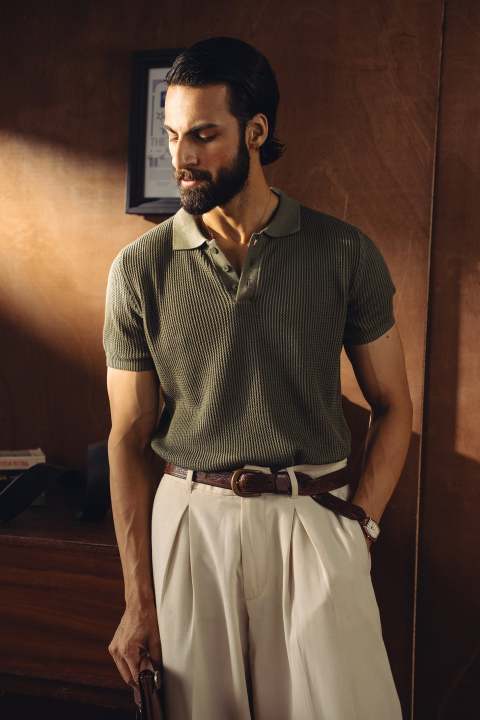 Zane Textured Knitted Polo Shirts For Men â€“ Light Olive | Daraz.pk