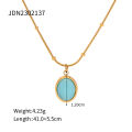 Trendy Bead Chain Stone Necklace Stainless Steel Oval Shape Light Blue Stone Pendant Necklace. 
