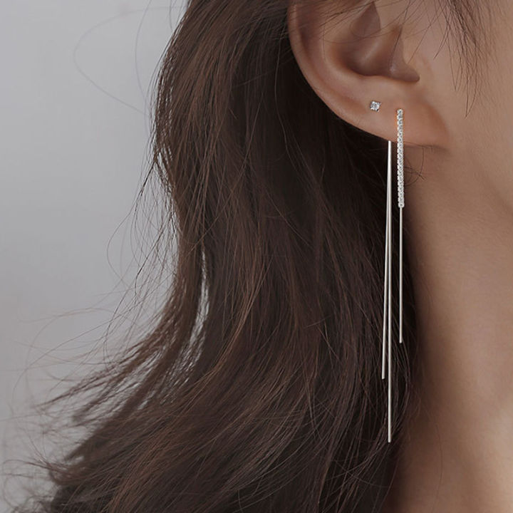 Japanese and Korean fashion temperament tassel women's slim tassel earrings simple high-end design sparkling diamond silver drop earrings