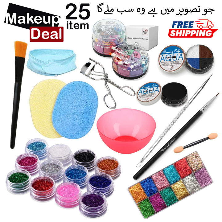 25 Pcs Items Makeup Deal - Eyeshadow Palette Sparkling Dust Glitter Eye Shadow 4 Color Aqua Cake Eyeliner Eye Liner Brush 12 Color Shimmer Powder Facial Set Bowl Sponge Puff Headband Acne Pin Curler Makeup Deals Set Box