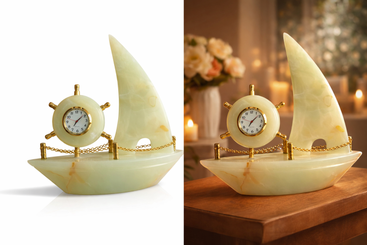 Luxury Onyx Marble Ship Clock – Sail Boat Design Table Clock | Decorative Home & Office Desk Clock