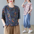 Women Loose Shirt Plus Size Short Sleeves Tops Round Neck Pullover Floral Printing Blouse. 