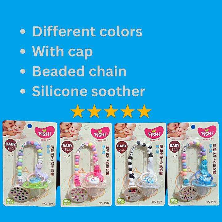 BAGASHION Baby fish Pacifier with Chain Holder Beautiful For kids Silicon Pacifier with Cap and Beaded Chain - BPA-Free Soother for baby Soother for baby boy Soother for baby girl Soother for newborn baby  Soother Pacifier with Clip-On Holder for Infants