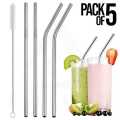 5-Pack Metal Straw Reusable Stainless Steel Drinking Straws Set With Cleaning Brush Eco Friendly Stainless Steel Reusable Drinking Straws With Cleaning Brush. 